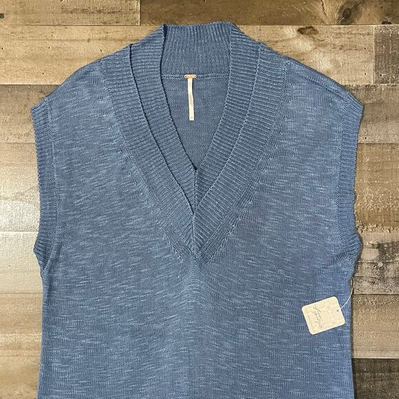 Free People Women's Hannah Sweater Vest Oversized Double V-Neck size XS Blue - Picture 8 of 13